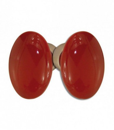 Poignée double OVALE pour porte intérieure porcelaine de LIMOGES Rouge sur cuvette nickelée brossée