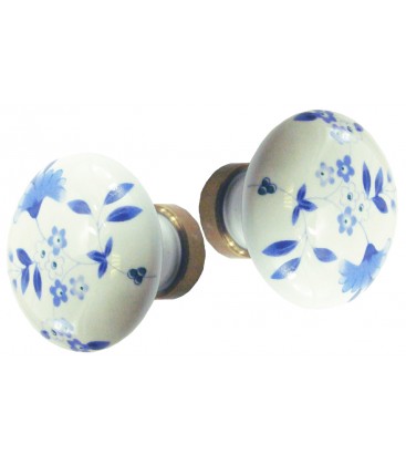 Bouton double DELPH ROND en porcelaine décoration bleu