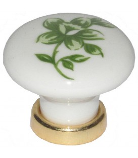 Bouton de meuble céramique blanche fleur verte D.30