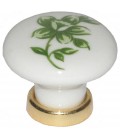 Bouton de meuble céramique blanche fleur verte D.30