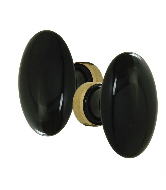 Poignée double OVALE pour porte intérieure porcelaine de LIMOGES Noir  brillant sur laiton poli - 1001poignées - Votre spécialiste de la poignée  de
